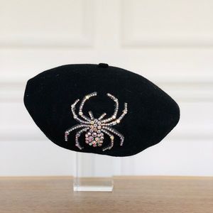 Black Wool beret, with silver hand stitched spider